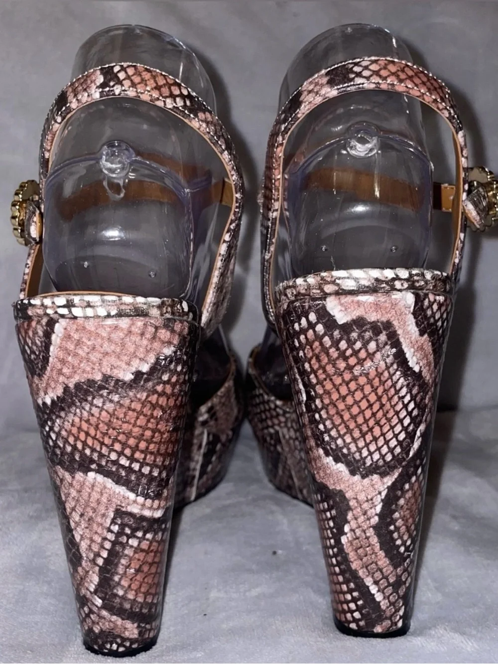Womens Brown Snake-Print Wedge Sandals with Rhinestone Buckle